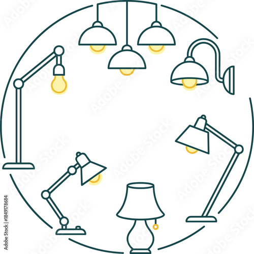 Lamp icons set, lighting fixtures, desk lamp, table lamp, ceiling light, wall lamp, glowing bulb, interior lighting, home d