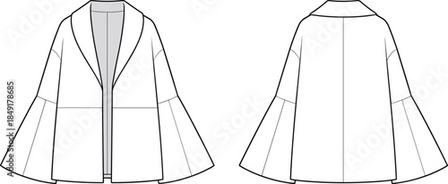 Minimal cape coat technical fashion illustration front and back view open collar outerwear blank apparel vector mockup