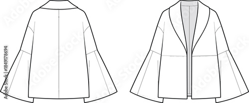 Minimal cape coat technical fashion illustration front and back view open front collar seam detail outerwear vector mockup