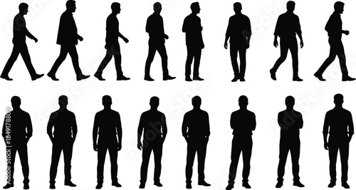 Man silhouette poses, walking stance, standing posture, human motion study, body movement, gesture analysis, animation reference, black silhouette, male figure, motion capture, posture variation