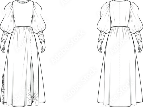 Minimal long dress technical fashion illustration front and back view puff sleeve gathered waist slit maxi gown blank apparel vector