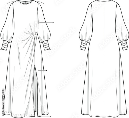 Minimal long dress technical fashion illustration front and back view gathered side detail slit maxi gown blank apparel vector