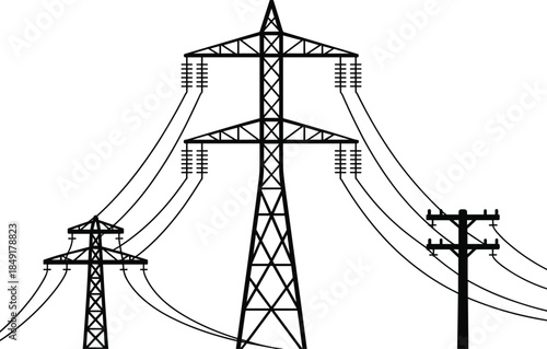 Electric power transmission towers illustration, high voltage pylons, overhead lines, energy infrastructure, electricity distribution network, industrial utility design concept vector