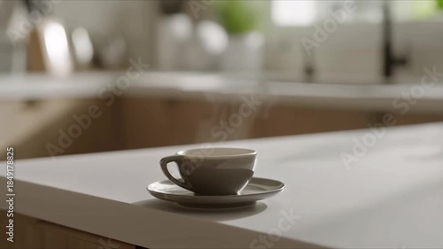 Bright and airy cinematic static shot of a steaming grey ceramic coffee cup resting on a clean white countertop in a minimalist modern kitchen with soft natural sunlight and blurred light wood