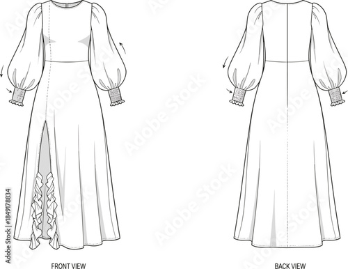Minimal long dress technical fashion illustration front and back view puff sleeve maxi gown blank apparel vector mockup