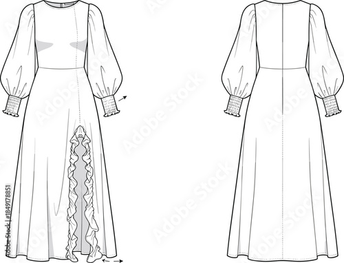 Minimal long dress technical fashion illustration front and back view puff sleeve lace slit maxi gown blank apparel vector