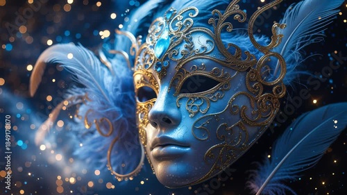 Woman wears an ornate Venetian mask with intricate gold filigree, blue makeup and voluminous feathers set against a dark bokeh background with glittering light orbs that evoke a carnival atmosphere