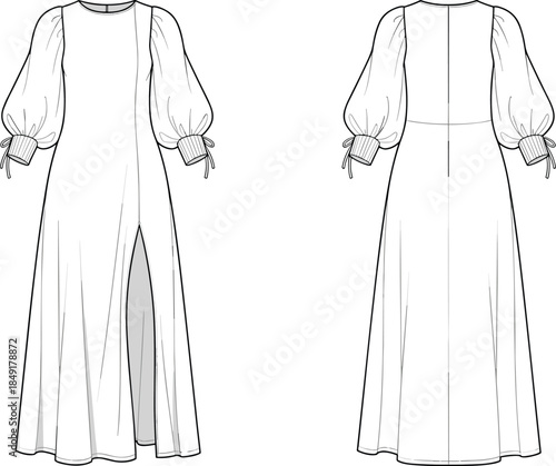 Minimal long dress technical fashion illustration front and back view puff sleeve tie cuff slit maxi gown blank apparel vector