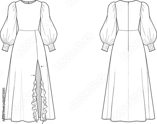 Minimal long dress technical fashion illustration front and back view puff sleeve slit maxi gown blank apparel vector