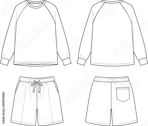 Minimal loungewear set technical fashion illustration sweatshirt and shorts front back view blank apparel vector mockup template