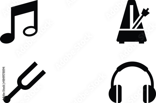 Music icons set, flat vector illustration of musical note, metronome, tuning fork, headphones, black silhouette, isolated on white
