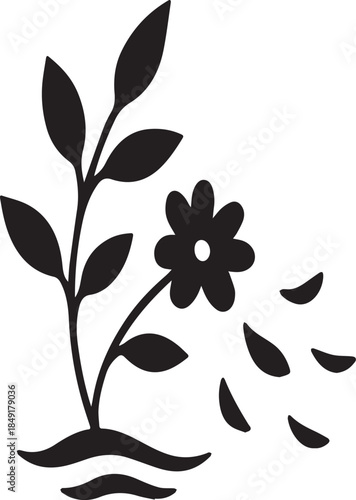  Silhouette stylized flower with leaves and petals blowing away Vector illustration
