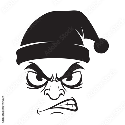 Angry Grumpy Cartoon Face Wearing Santa Hat Monochrome Vector Illustration