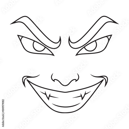 Black Line Art Vector of Evil Face with Fangs and Grin
