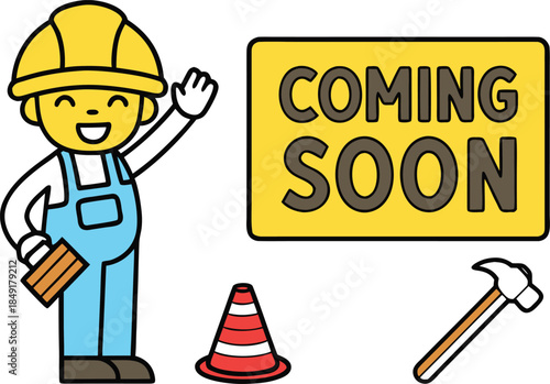 An illustration of a friendly construction worker standing next to a "coming soon" sign and tools
