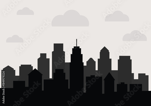 Flat City Skyline Silhouette with Clouds