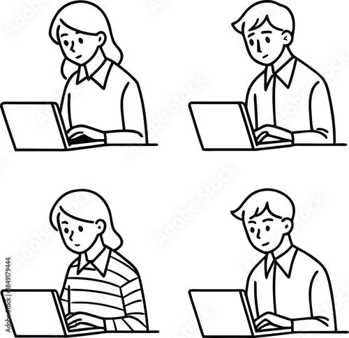 Simple black and white line art icons of men and women working on laptops