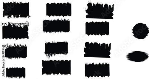 A collection of black rectangular and oval brush strokes on a white background