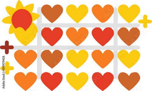 A delightful autumn-themed illustration featuring colorful hearts arranged on a grid pattern