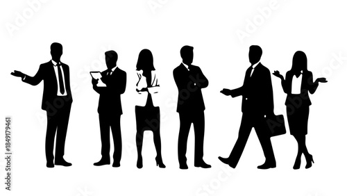 Silhouetted business professionals walking and interacting in a modern office environment