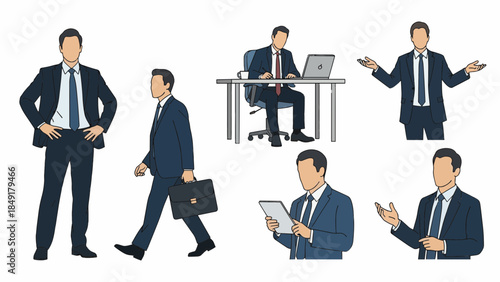 A businessman in various poses and actions, showcasing different aspects of his professional life, illustrated in a modern and simple style.