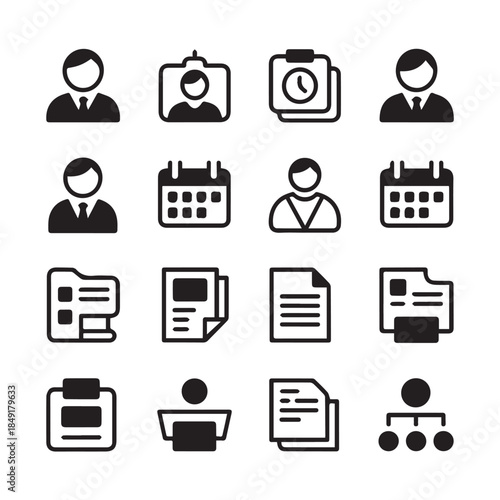 Business and Office Interface Icons Set in Black and White Vector Style