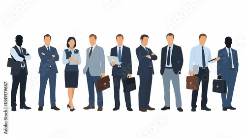 Diverse group of professionals standing together in formal attire