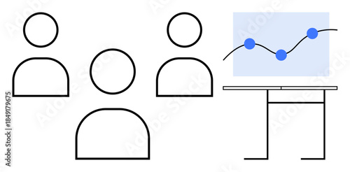 Teamwork, data analysis, business meetings, performance tracking, corporate planning, digital presentation. Minimalist group figures with a graph on a presentation screen. Teamwork and data analysis