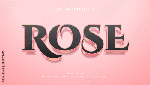 editable text effect Elegant 3D vector text effect displaying the word Rose with dark textured lettering, soft pink glossy edges, and subtle shadows on a pastel pink background.