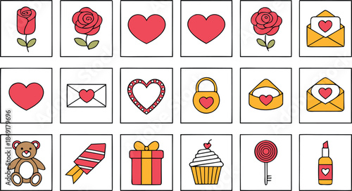 A collection of simple and cute hand-drawn valentine's day icons and symbols in a grid layout