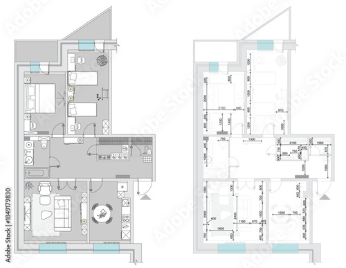 Architectural measuring plan of apartment and floor plan of arrangement of furniture, view from above. Vector interior house in top view