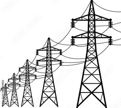 High Voltage Power Transmission Towers Silhouette with Overhead Lines Representing Electricity Infrastructure Energy Distribution Network Industrial Grid Landscape