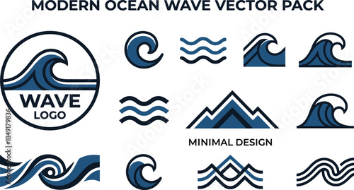 Modern ocean wave vector pack with minimal logo icons, abstract sea symbols, clean geometric style for branding and design