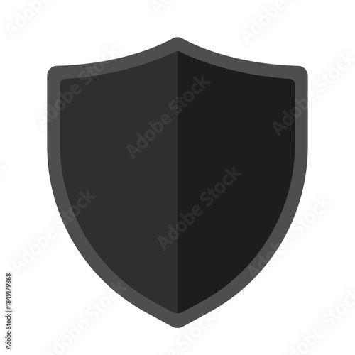 Black shield icon with dark gray outline on white background symbolizing security, protection, and defense