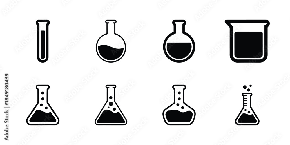 Ταπετσαρία Laboratory glassware icons test tube, flasks, and beaker with liquid