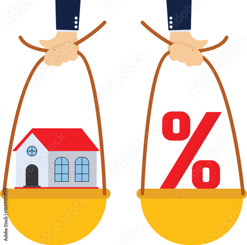 Mortgage payment, house loan interest rate or balance between income and debt or loan payment, financial risk concept, businessman trying to balance with mortgage interest rate percentage on the house