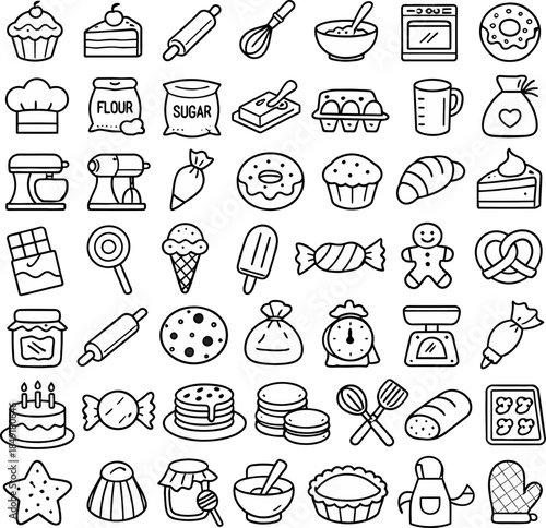 Black and white line art icons representing various sugar products sweets and baking ingredients collection