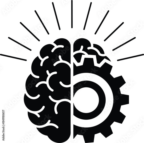 Brain gears icon illustrating machine and human mind for mechanical and artificial intelligence with a light burst as motivation