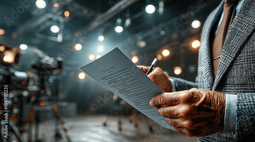 A well-dressed man reviews and signs a contract on a film set, surrounded by studio lights and cameras, symbolizing production, business, and media deals.
