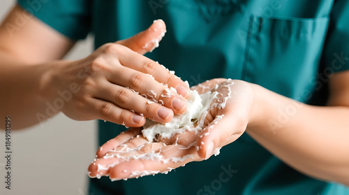Therapist's hands applying scrub in a spa treatment, showcasing skincare and wellness
