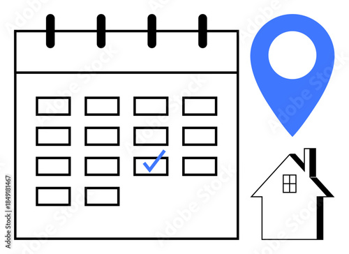 Event planning, real estate appointments, home services, location mapping, remote work, scheduling tasks. Marked calendar with location pin and house icon. Scheduling and real estate concept