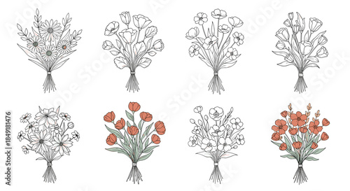 A lovely collection of eight hand-drawn flower bouquets in a sketchy line art style, with some featuring soft, rustic color accents.