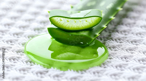 Freshly cut aloe vera leaf with gel on a crisp white towel, showcasing natural skincare benefits