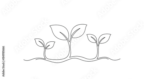 Continuous single line drawing of three small plant sprouts growing from the ground, symbolizing growth, new life, and nature.