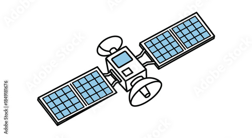 Isometric line art illustration of a communication satellite with large solar panels and dish antennas for global broadcasting.