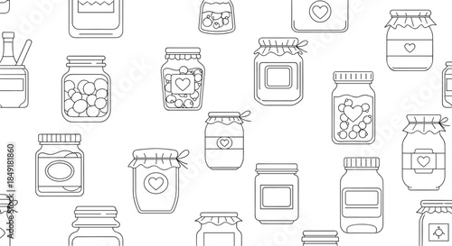 Seamless black and white pattern of various jam and preserve jars in a simple line art style, perfect for kitchen-themed backgrounds.