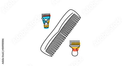 Minimalist icon set for hair coloring, including a comb, dye tube, and application brush in a simple line art style with color accents.