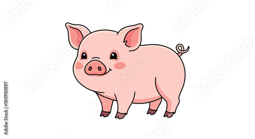 Adorable cartoon illustration of a cute pink piglet with a curly tail and a happy smile, isolated on a white background.