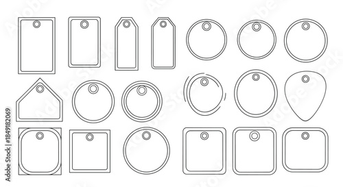 Large set of blank price tags and labels in various shapes, illustrated in a clean, black and white dashed line art style.