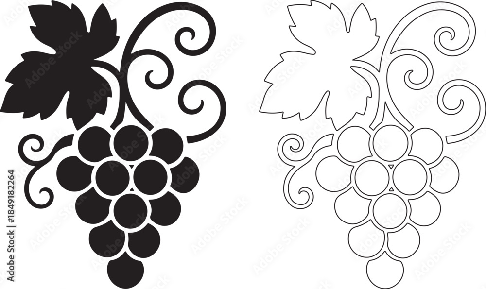 Fototapeta premium Grape bunch icon solid silhouette and outline style vineyard vector illustration